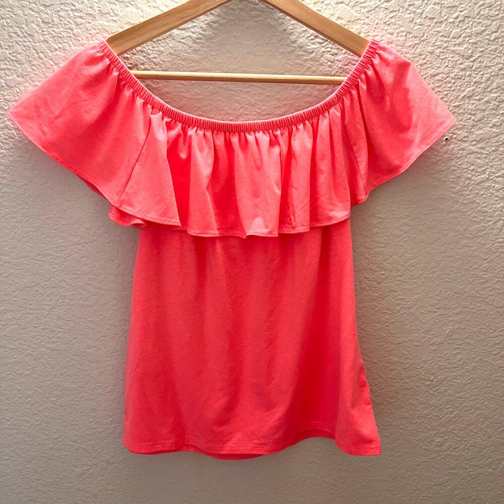 Lilly Pulitzer La Fortuna Off Shoulder Ruffle Top Hot Pink Knit XS Barbiecore - Picture 2 of 7